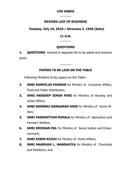 LOK SABHA ___REVISED LIST of BUSINESS Tuesday, July 24