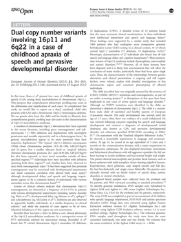 Dual Copy Number Variants Involving 16P11 and 6Q22 in a Case