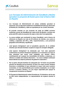 Los Consejos De Administración De Caixabank Y Bankia Aprueban Su Proyecto De Fusión Para Crear El Banco Líder En España