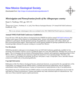 Mississippian and Pennsylvanian Fossils of the Albuquerque Country Stuart A