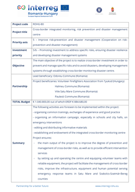 Project Code ROHU-80 Project Title Cross-Border Integrated Monitoring