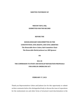 Written Testimony of Nkechi Taifa, Esq. Submitted for the Record Before the House Judiciary Subcommittee on the Constitutio