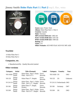Jimmy Smith Hobo Flats Part 1 / Part 2 Mp3, Flac, Wma