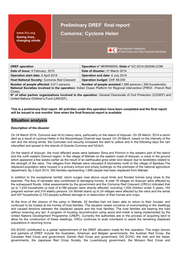 Preliminary DREF Final Report Comoros: Cyclone Helen