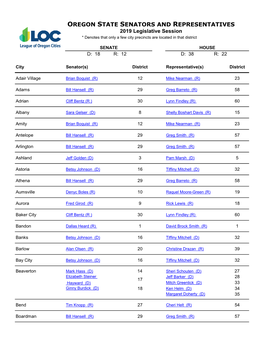 OREGON STATE SENATORS and REPRESENTATIVES 2019 Legislative Session * Denotes That Only a Few City Precincts Are Located in That District