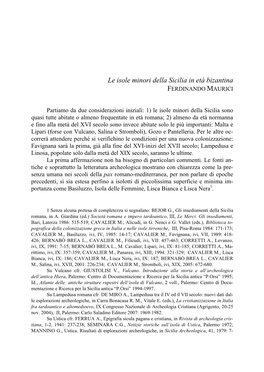 Le Isole Minori Della Sicilia in Età Bizantina FERDINANDO MAURICI