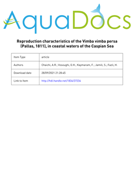 Reproduction Characteristics of the Vimba Vimba Persa (Pallas, 1811), in Coastal Waters of the Caspian Sea