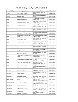 Allen ISD Off-Campus P.E. Approved Agencies 2019-20