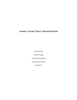 Anomie: Concept, Theory, Research Promise