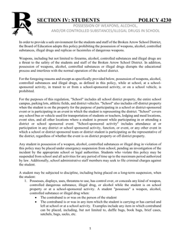 Section Iv: Students Policy 4230 Possession of Weapons, Alcohol, And/Or Controlled Substances/Illegal Drugs in School