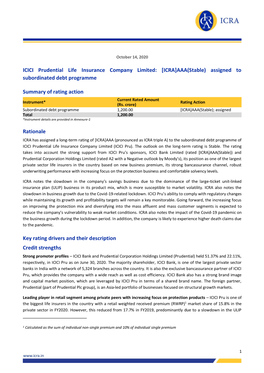 ICICI Prudential Life Insurance Company Limited: [ICRA]AAA(Stable) Assigned to Subordinated Debt Programme