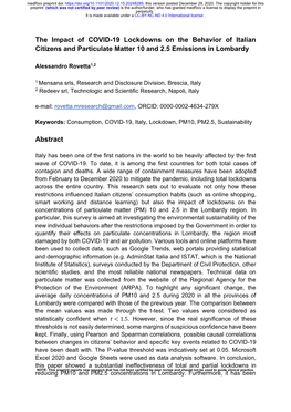 The Impact of COVID-19 Lockdowns on the Behavior of Italian Citizens and Particulate Matter 10 and 2.5 Emissions in Lombardy