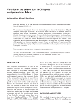 Variation of the Poison Duct in Chilopoda Centipedes from Taiwan