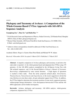 Phylogeny and Taxonomy of Archaea: a Comparison of the Whole-Genome-Based Cvtree Approach with 16S Rrna Sequence Analysis