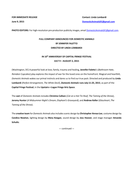 FOR IMMEDIATE RELEASE Contact: Linda Lombardi June 9, 2015 Domesticanimalsdc@Gmail.Com