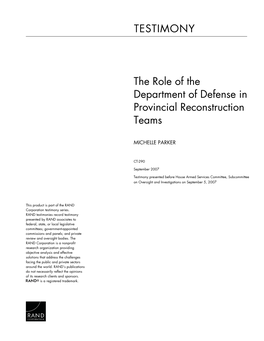 The Role of the Department of Defense in Provincial Reconstruction Teams
