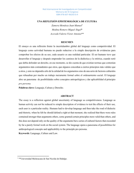 UNA REFLEXIÓN EPISTEMOLÓGICA DE CULTURA Zamora Mendoza Juan Manuel1 Medina Romero Miguel Ángel* Acevedo Valerio Víctor Antonio**