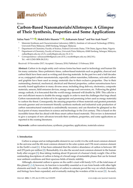 Carbon-Based Nanomaterials/Allotropes: a Glimpse of Their Synthesis, Properties and Some Applications