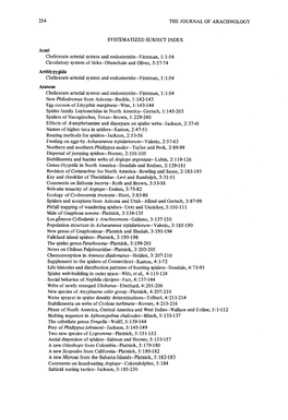 254 the JOURNAL of ARACHNOLOG Y SYSTEMATIZED SUBJECT INDEX Acari Chelicerate Arterial System and Endosternite–Firstman, 1 :1-5