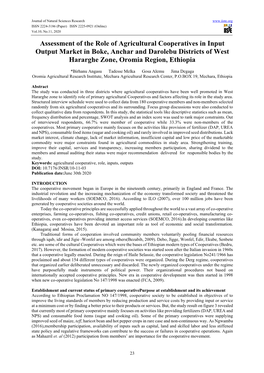 Assessment of the Role of Agricultural Cooperatives in Input Output Market in Boke, Anchar and Darolebu Districts of West Hararghe Zone, Oromia Region, Ethiopia