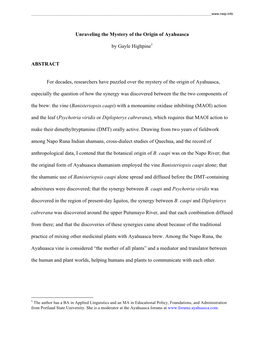 Unraveling the Mystery of the Origin of Ayahuasca by Gayle Highpine1