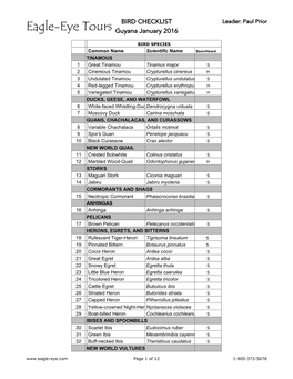 Eagle-Eye Tours BIRD CHECKLIST