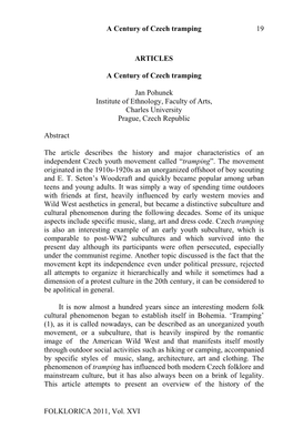 A Century of Czech Tramping 19 FOLKLORICA 2011, Vol. XVI ARTICLES a Century of Czech Tramping Jan Pohunek Institute of Ethnology