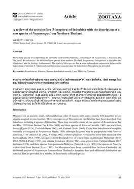 Zootaxa, a Review of the Scorpionflies (Mecoptera) of Indochina with the Description