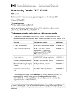 Various Commercial Radio Stations – Licence Renewals