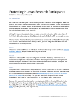 Protecting Human Research Participants NIH Office of Extramural Research Introduction