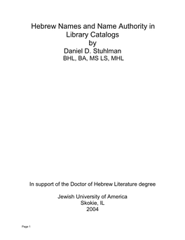 Hebrew Names and Name Authority in Library Catalogs by Daniel D
