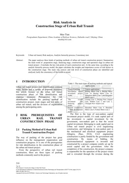 Risk Analysis in Construction Stage of Urban Rail Transit