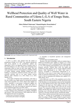 Wellhead Protection and Quality of Well Water in Rural Communities of Udenu L.G.A of Enugu State, South Eastern Nigeria