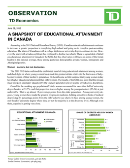 OBSERVATION TD Economics a Snapshot of Educational Attainment in Canada