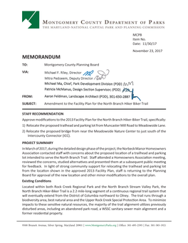 Amendment to the Facility Plan for the North Branch Hiker Biker Trail