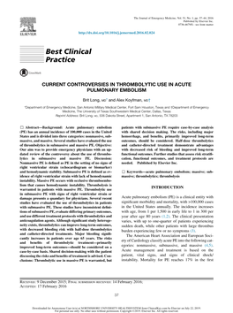 Current Controversies in Thrombolytic Use in Acute Pulmonary Embolism
