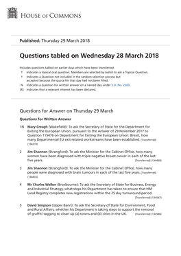 Questions Tabled on Wed 28 Mar 2018