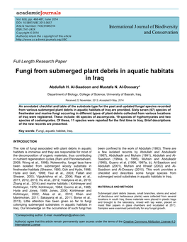 Fungi from Submerged Plant Debris in Aquatic Habitats in Iraq