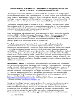 Biosafety Measures for Working with Pseudogymnoascus Destructans in the Laboratory and Use Or Storage of Potentially Contaminated Materials