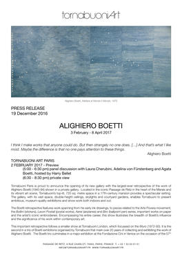 Alighiero Boetti, Mettere Al Mondo Il Mondo, 1975 PRESS RELEASE 19 December 2016 ALIGHIERO BOETTI 3 February - 8 April 2017