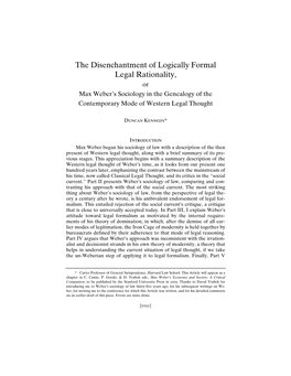 The Disenchantment of Logically Formal Legal Rationality, Or Max Weber’S Sociology in the Genealogy of the Contemporary Mode of Western Legal Thought