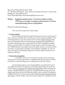 1.) Content Analysis and the Nytimes on Google's Translation Achievements; 2.) Faster National Learning Rates in World Politics