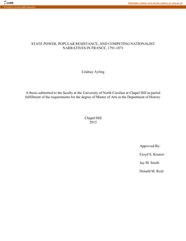 State Power, Popular Resistance, and Competing Nationalist Narratives in France, 1791-1871