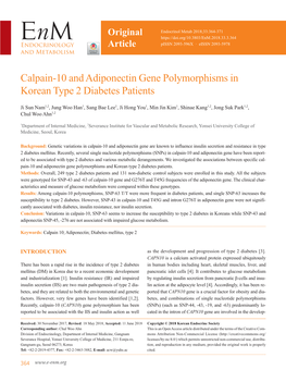 Calpain-10 and Adiponectin Gene Polymorphisms in Korean Type 2 Diabetes Patients