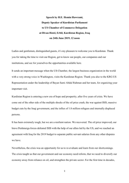 Speech by H.E. Hemin Hawrami, Deputy Speaker of Kurdistan Parliament to US Chamber of Commerce Delegation at Divan Hotel, Erbi