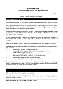 Nomination Form International Memory of the World Register