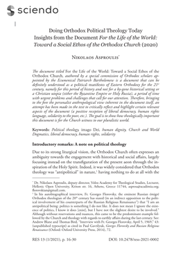 Ng Orthodox Political Theology Today Insights from the Document for the Life of the World: Toward a Social Ethos of the Orthodox Church (2020)