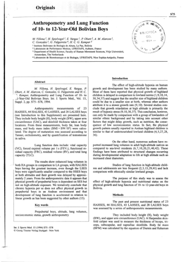 Anthropometry and Lung Function of 10- to L}-Year-Old Bolivian Boys T Iltll()Itc¡ ? T' Gt Dét Ct M