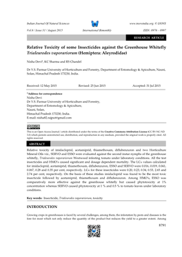 Relative Toxicity of Some Insecticides Against the Greenhouse Whitefly Trialeurodes Vaporariorum (Hemiptera: Aleyrodidae)