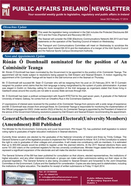 PUBLIC AFFAIRS IRELAND NEWSLETTER Your Essential Weekly Guide to Legislative, Regulatory and Public Affairs in Ireland Issue 302 February 17 2014